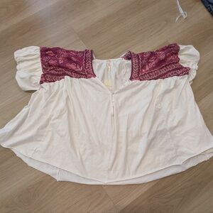 NWT Free People White Oversized Blouse With Floral Shoulder Size M
